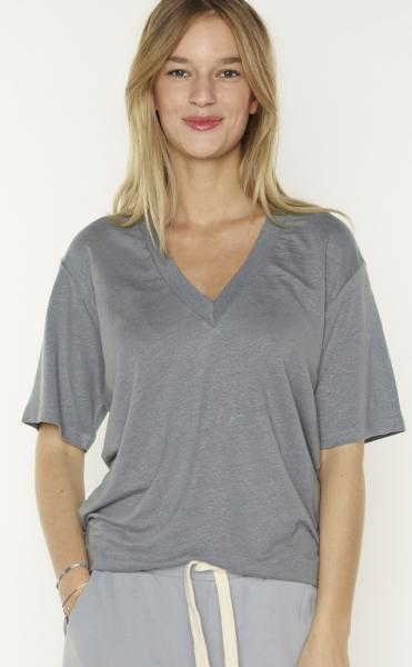 10Days Linen V-Neck Tee - Grey Blue 