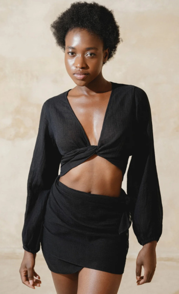 StudioK Balloon Sleeve Ramie Wrap Top - Black